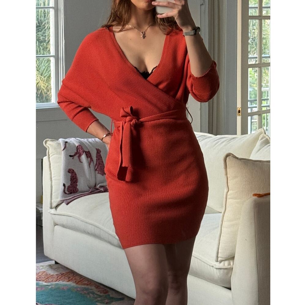 NWT Rust / Burnt Orange Wrap Knit Sweater Mini Dress – Small